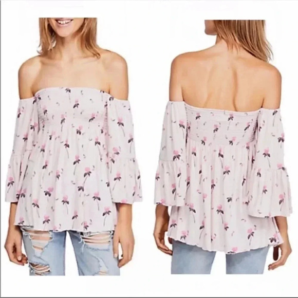 Free People pink floral off the shoulder tunic - Picture 2 of 9